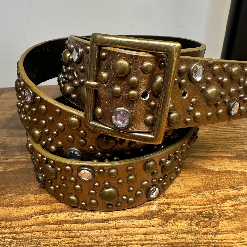 Lane Bryant Bronze Leather Studded Rhinestone Belt Plus Size 22/24 Brass Buckle